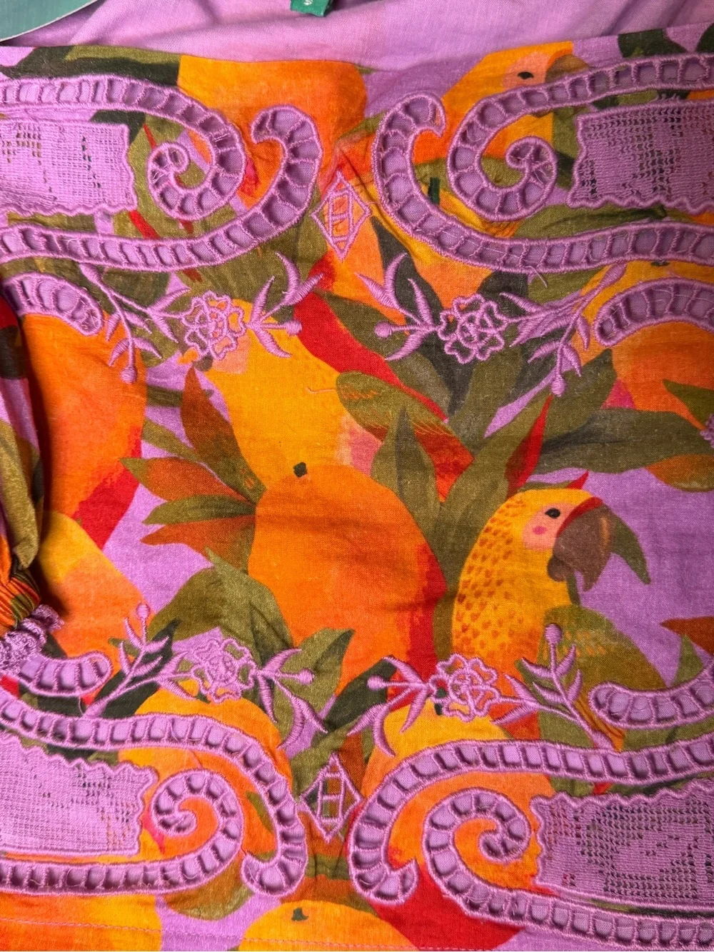 Mango Macaws Smocked Puff-Sleeve Blouse  purple lace square neck floral brocade